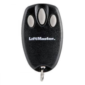 LiftMaster 94335E compact three-button mini remote control with key chain.