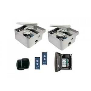 ER4 UNI underground swing gate motor kit components, including the actuator and foundation box, ready for buried installation at a Dubai villa.