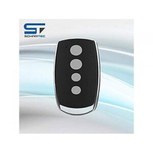 Force Door metal frame four-button remote control with rolling code security.