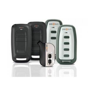 JCM TECH compact remote control with laser-marked serial and rolling code security.