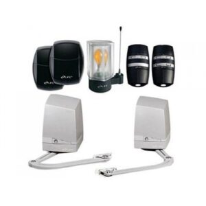 Compact LIFE ARMOR UNI DL swing gate motor with jointed arm, installed on a large solid pillar at a luxury villa entrance in Dubai.