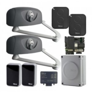 Nice Hyppo 7100 folding gate motor with telescopic arm, installed as part of a two-leaf folding gate system in a Dubai villa.