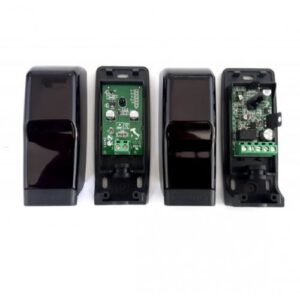 PROTECO RF40 long-range 40-meter photocell safety sensors installed on a large gate in Dubai, UAE.